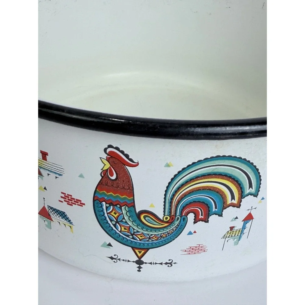 Vintage‎ Berggren Enamelware Stock Pot Scandinavian Folk Art Rooster White 8in